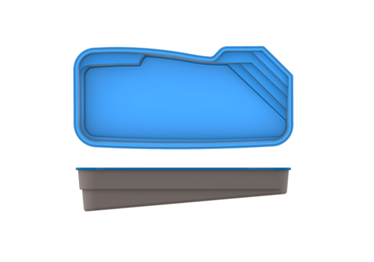 Brasília fiberglass pool by Rainforest Pools — 14×33×6 rectangular design with full-length bench and entry step.