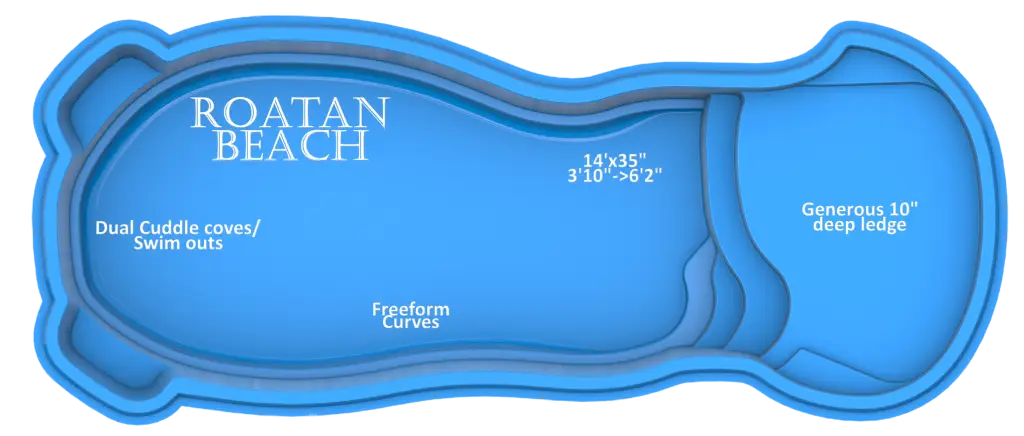 A blue swimming pool with a unique freeform shape and dimensions labeled.
