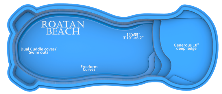 A blue swimming pool with a unique freeform shape and dimensions labeled.