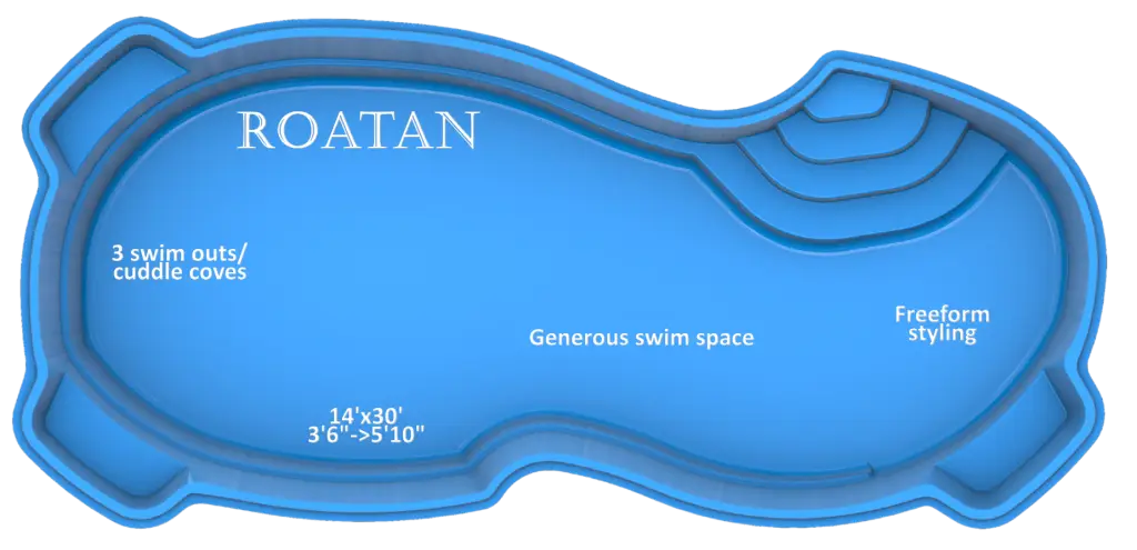 Blueprint of a uniquely shaped swimming pool with dimensions and swim area.