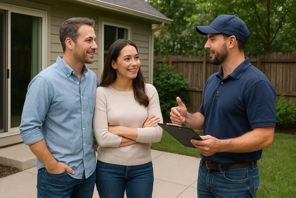 Meeting with homeowners to plan a fiberglass pool project