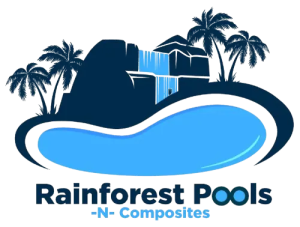 Logo featuring a stylized waterfall, palm trees, and a pool.