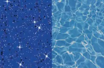 Sparkling glitter on the left contrasts with shimmering water on the right.