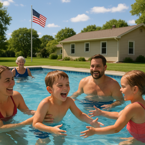Family enjoying a Rainforest Pools USA fiberglass pool