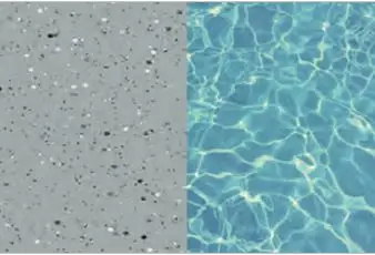 Side-by-side comparison of concrete and clear blue pool water textures.