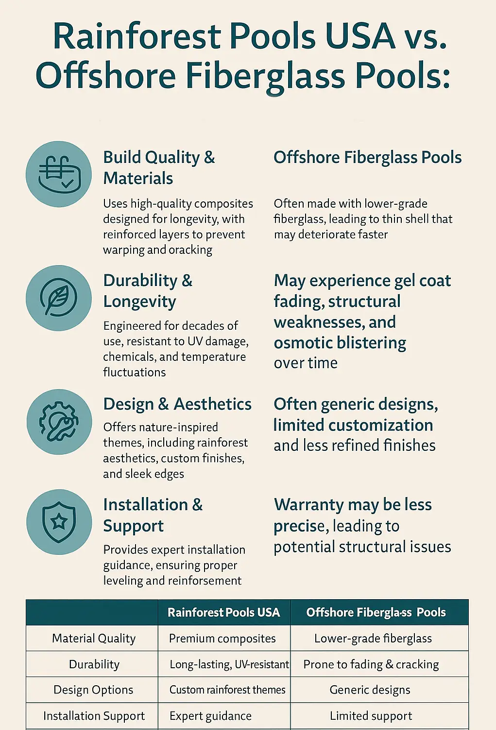 Infographic detailing benefits of offshore fiberglass pools including durability and design flexibility.